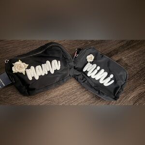 Black 'Mama' and 'Mini' Zipper Pouches with Rose Appliqués